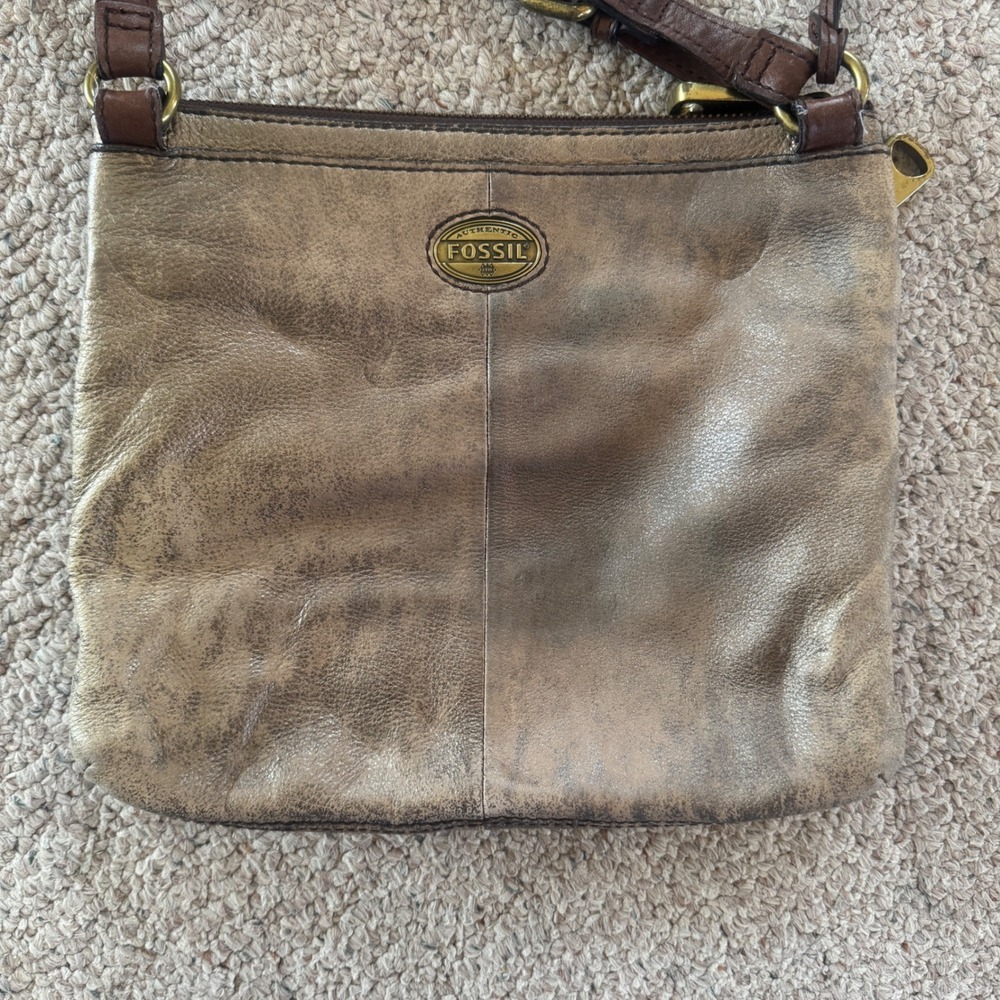 Fossil Crossbody Bag Brown Distressed Leather Metallic Faded Vintage Style Bag - Picture 2 of 11